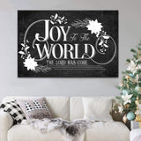 Inspirational wall art canvas print with "Joy To The World The Lord Has Come" and a black background, ideal Christian Christmas wall art for homes.