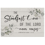 Floral Bible verse canvas with Lamentations 3:22, "The steadfast love of the Lord never ceases," perfect faith-based decor.