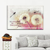 Faith-based "Let Your Faith Be Bigger Than Your Fear" wall art canvas with dragonflies, dandelions, and Brown background.