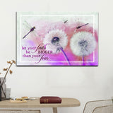Purple background "Let Your Faith Be Bigger Than Your Fear" wall art with dragonflies and dandelions, ideal faith gift.
