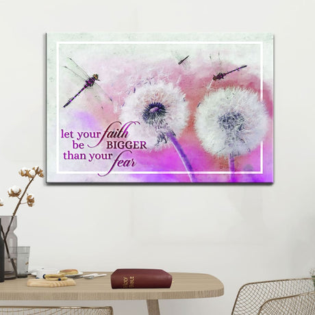 Purple background "Let Your Faith Be Bigger Than Your Fear" wall art with dragonflies and dandelions, ideal faith gift.