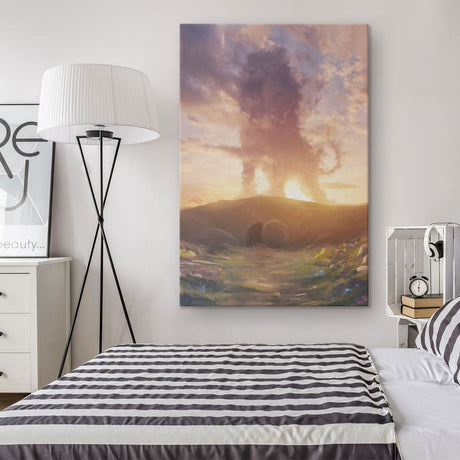 "He Is Risen" Christian wall art featuring Lion of Judah above the tomb, ideal Easter gifts and Christian decor.