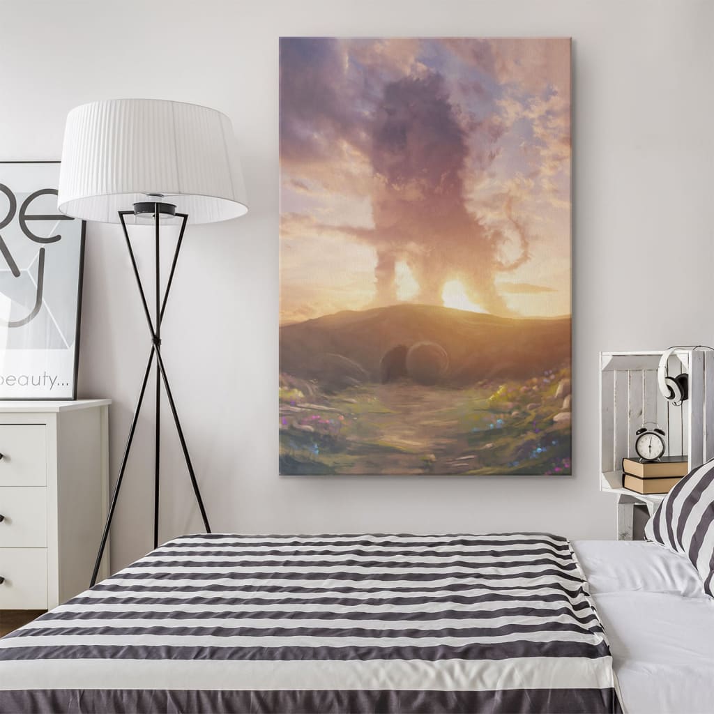 &quot;He Is Risen&quot; Christian wall art featuring Lion of Judah above the tomb, ideal Easter gifts and Christian decor.