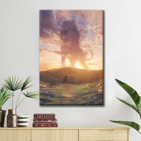 Christian wall art with Lion of Judah above the tomb, "He Is Risen," perfect Easter gift for faith-filled decor.