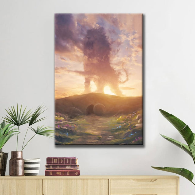 Christian wall art with Lion of Judah above the tomb, "He Is Risen," perfect Easter gift for faith-filled decor.
