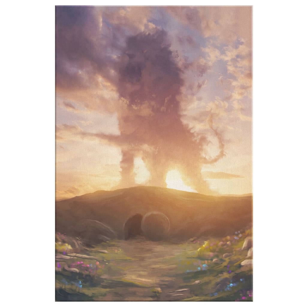 Inspirational Christian wall art with Lion of Judah over the tomb, "He Is Risen," perfect for Easter gifts.