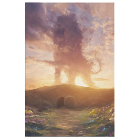 Inspirational Christian wall art with Lion of Judah over the tomb, "He Is Risen," perfect for Easter gifts.