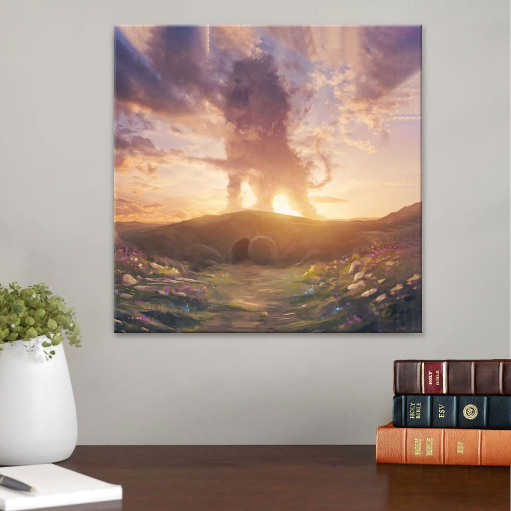 Lion of Judah above the empty tomb He is risen wall art canvas print
