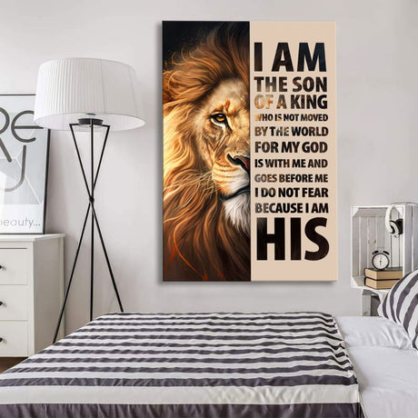 Christian wall art featuring the Lion of Judah with "I Am The Son Of A King," perfect faith-based home decor.