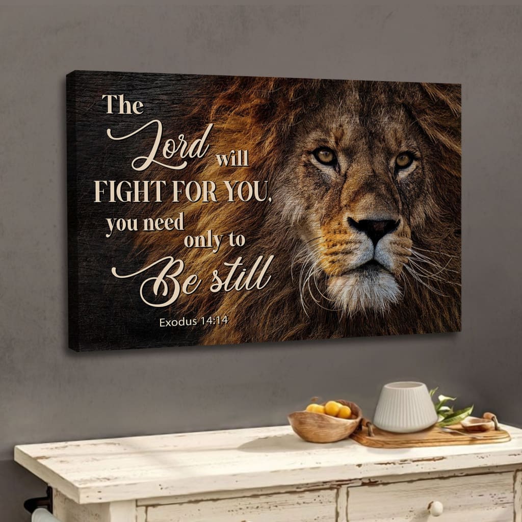 Christian wall art featuring the Lion of Judah with Exodus 14:14 Bible verse, inspirational faith-based decor and gifts.