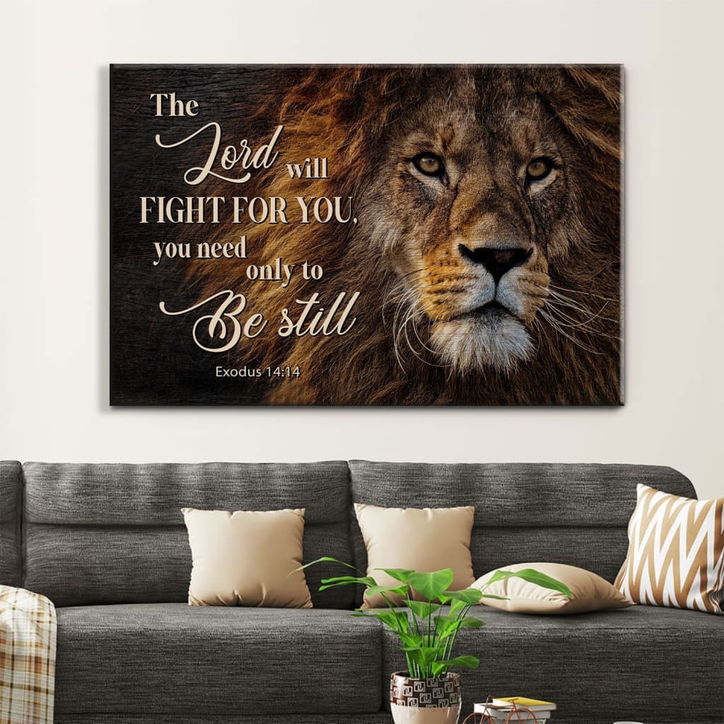 Lion of Judah canvas art with "The Lord Will Fight For You," perfect for Christian homes and scripture-inspired gifts.