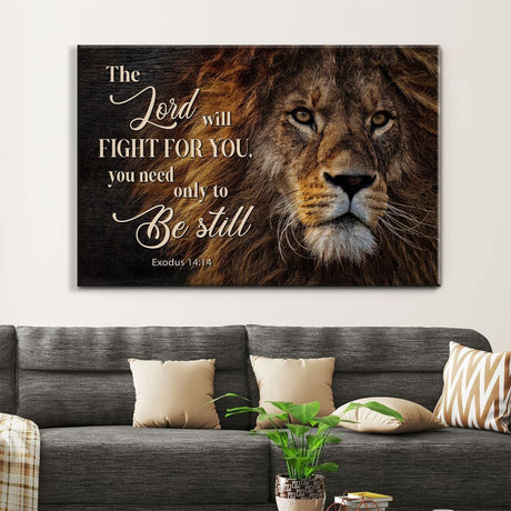 Lion of Judah canvas art with "The Lord Will Fight For You," perfect for Christian homes and scripture-inspired gifts.