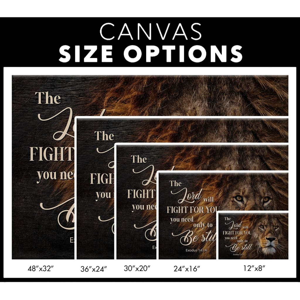 Inspirational Christian gifts featuring Lion of Judah and Exodus 14:14, ideal for faith-based home decor / canvas size options.