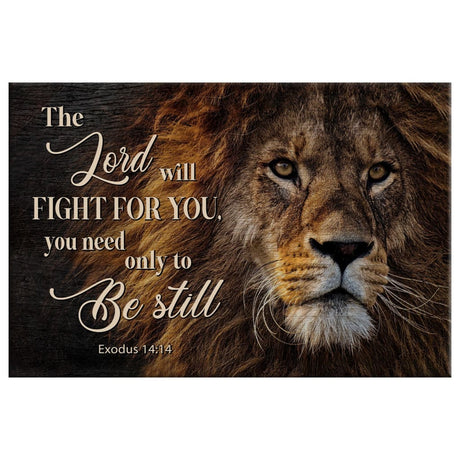 Bible verse wall decor with Exodus 14:14 and Lion of Judah design, faith-centered Christian artwork for inspiration.