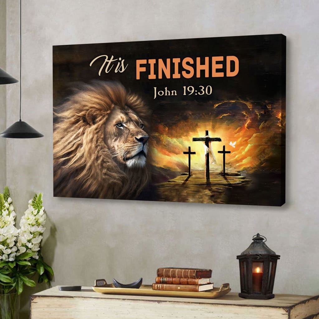Lion of Judah It is finished John 19:30 Bible verse wall art canvas