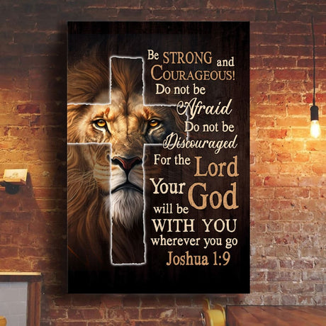 Christian wall art featuring the Lion of Judah and Joshua 1:9, "Be Strong and Courageous," perfect faith-based home decor.