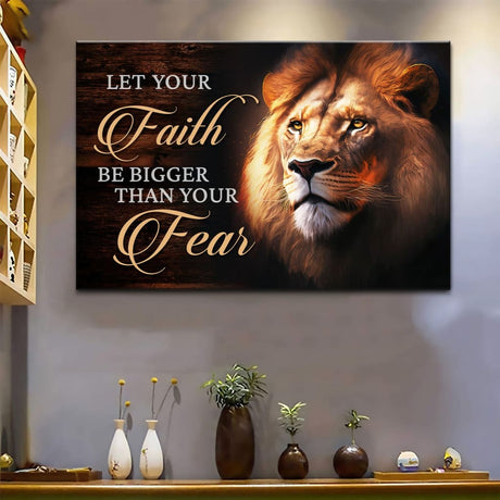 "Lion of Judah" wall art featuring a majestic lion with "Let Your Faith Be Bigger Than Your Fear," Christian decor.