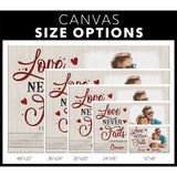 Faith-based "Love Never Fails" wall art with custom photo and names, ideal for Christian gifts / canvas size options.