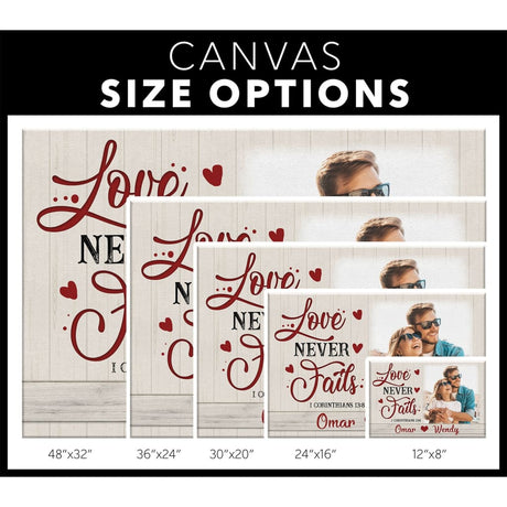 Faith-based "Love Never Fails" wall art with custom photo and names, ideal for Christian gifts / canvas size options.