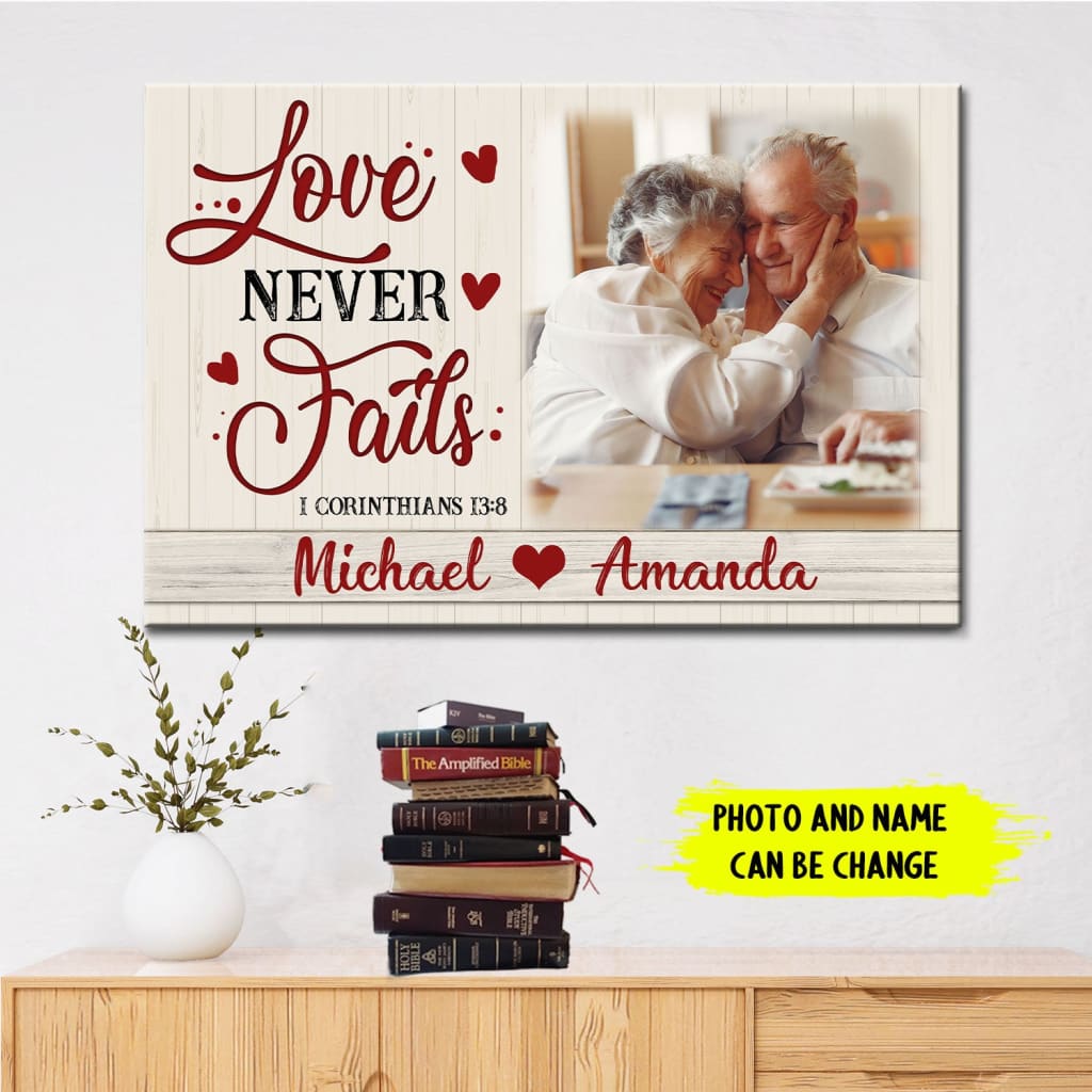 Customizable "Love Never Fails" wall art with photo and names, perfect Christian gift for couples.