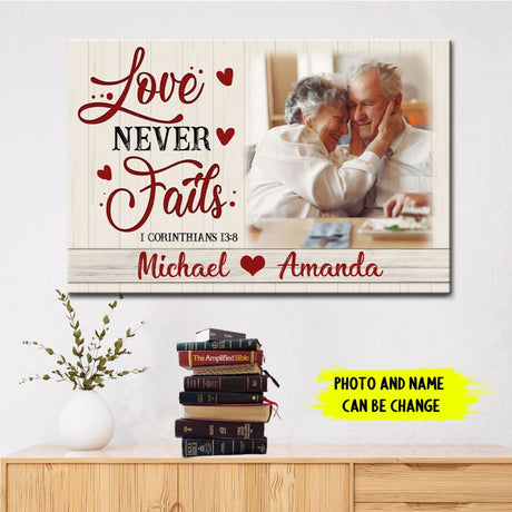 Customizable "Love Never Fails" wall art with photo and names, perfect Christian gift for couples.