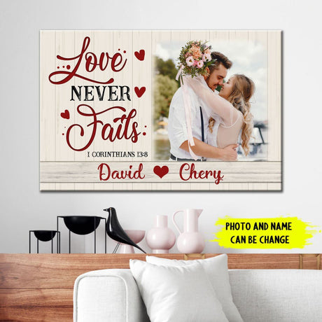 Personalized Christian wall art with "Love Never Fails," featuring custom photo and names, ideal faith-based decor or gift.