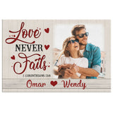 Christian canvas with "Love Never Fails," personalized with photo and names, inspirational home decor.