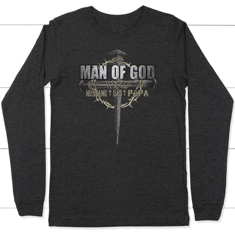 Man of God husband dad papa Christian long sleeve t-shirt Dark Grey Heather / S
