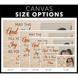 Bible verse wall art canvas featuring "May the God of Hope Fill You," customizable with a personal photo, perfect for any Christian home / canvas size options.