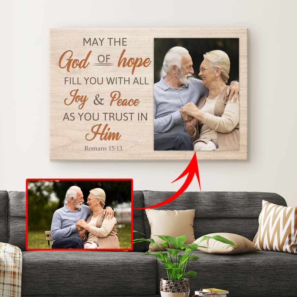 Personalized wall art canvas showcasing the message "May the God of Hope Fill You" alongside a custom photo, ideal for heartfelt gifts.