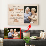 Personalized wall art canvas showcasing the message "May the God of Hope Fill You" alongside a custom photo, ideal for heartfelt gifts.