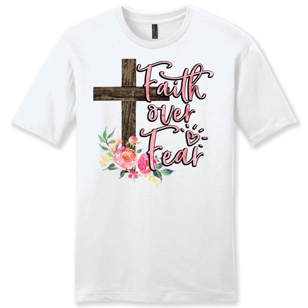 Men’s Christian t-shirts: Faith over fear cross with flowers t-shirt White / S