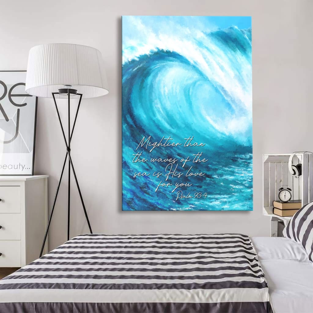 Psalm 93:4 scripture wall art featuring waves and the phrase &quot;Mightier than the waves of the sea,&quot; Christian gifts.