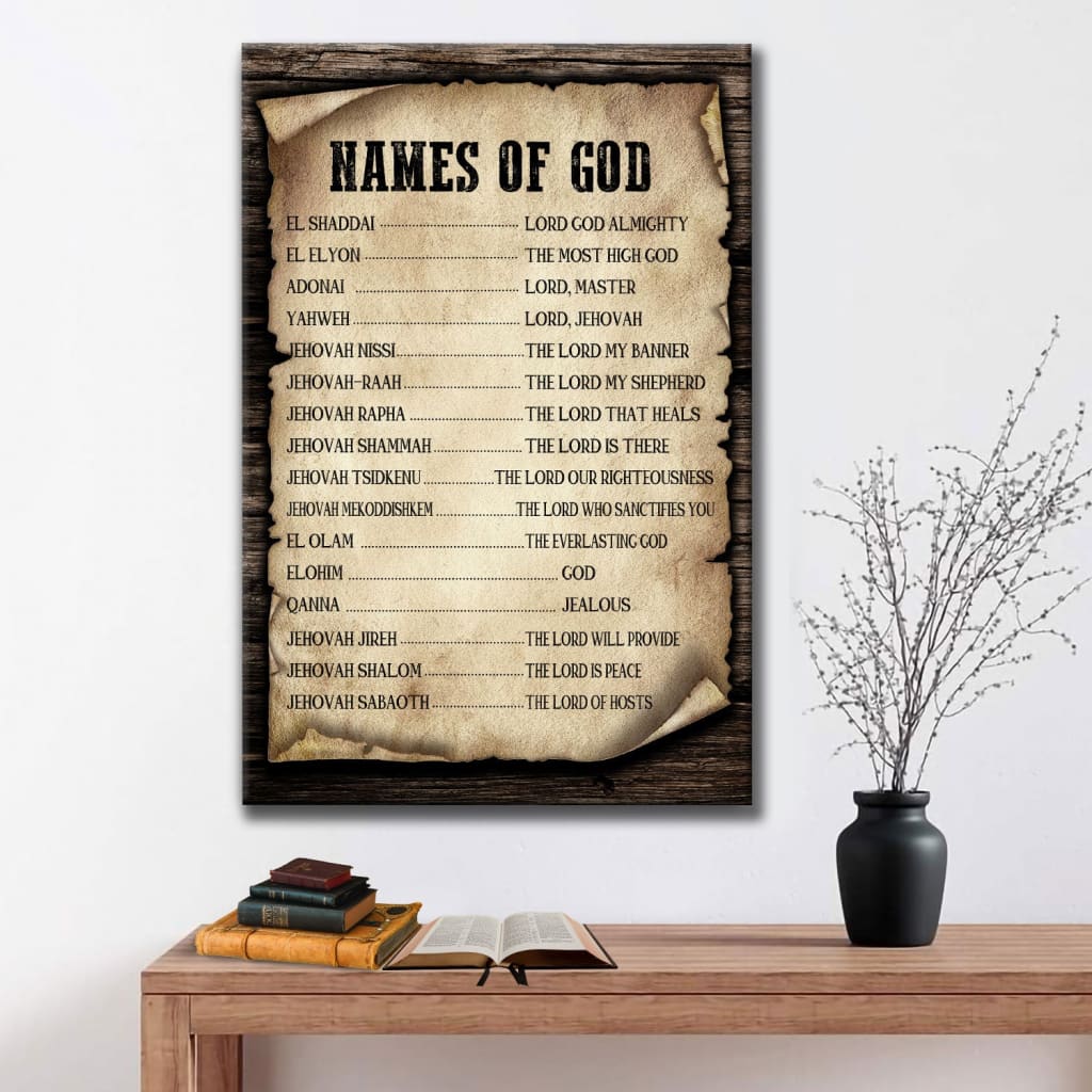 Christian signs featuring the "Names of God" wall art canvas print, ideal for home decor or as a thoughtful Christian gift.