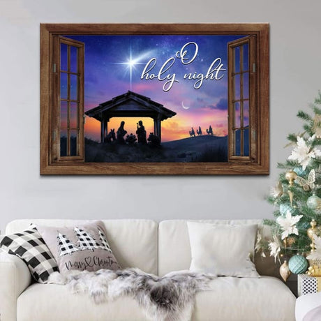 Christian Christmas wall art featuring the Nativity of Christ with "O Holy Night" and a window frame design, perfect faith-based holiday decor.