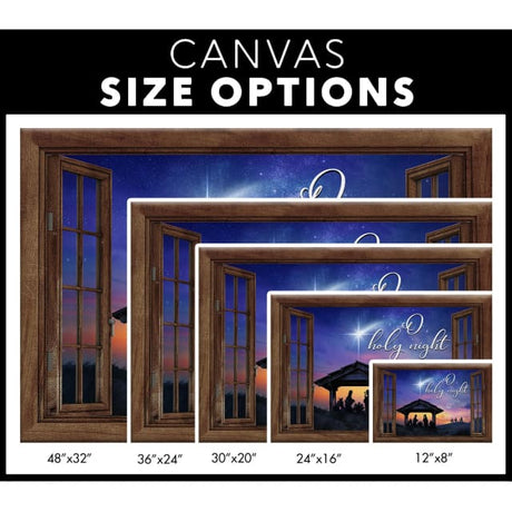 Religious Christmas wall art canvas with the Nativity of Christ and "O Holy Night" in a window frame, perfect for faith-filled Christmas home decor.