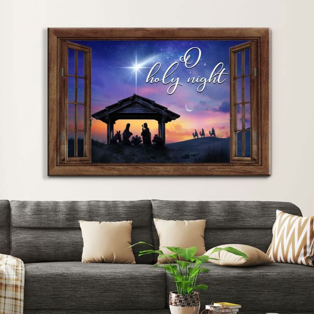 Inspirational canvas print with "O Holy Night" and the Nativity of Christ in a window frame, ideal Christian Christmas wall art for homes.