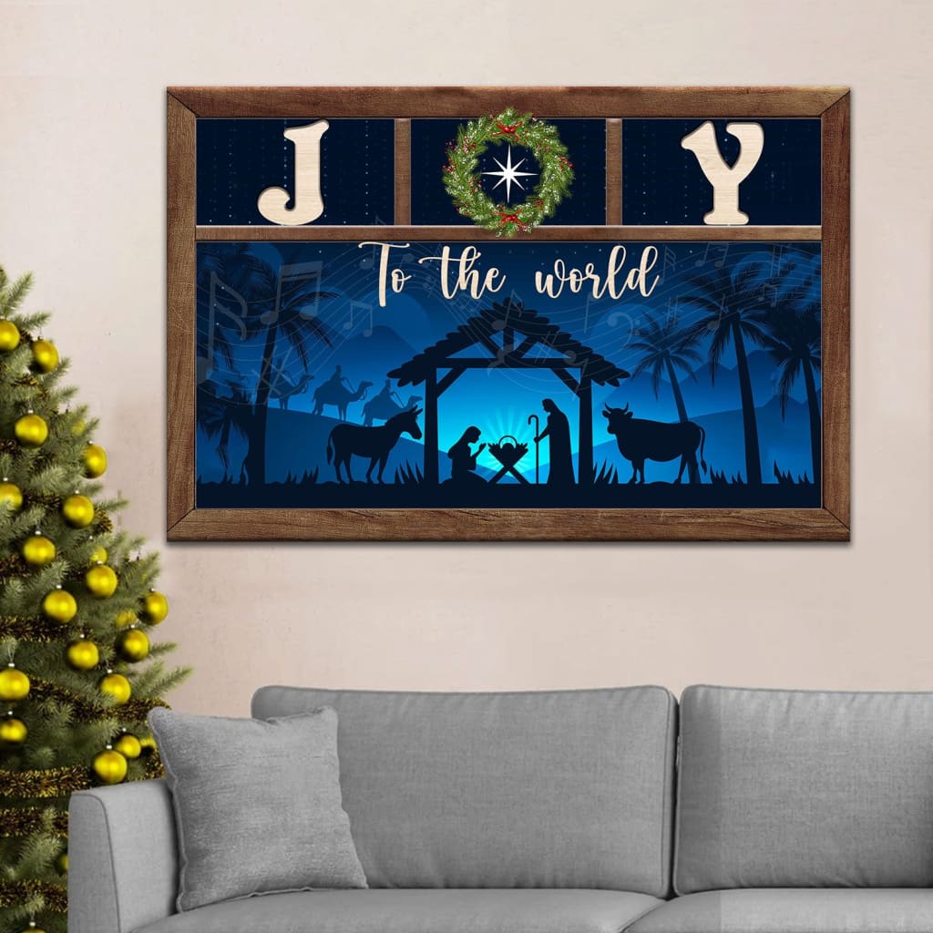 Christian Christmas wall art canvas featuring a Nativity scene with &quot;Joy To The World,&quot; perfect faith-based holiday gift and decor.