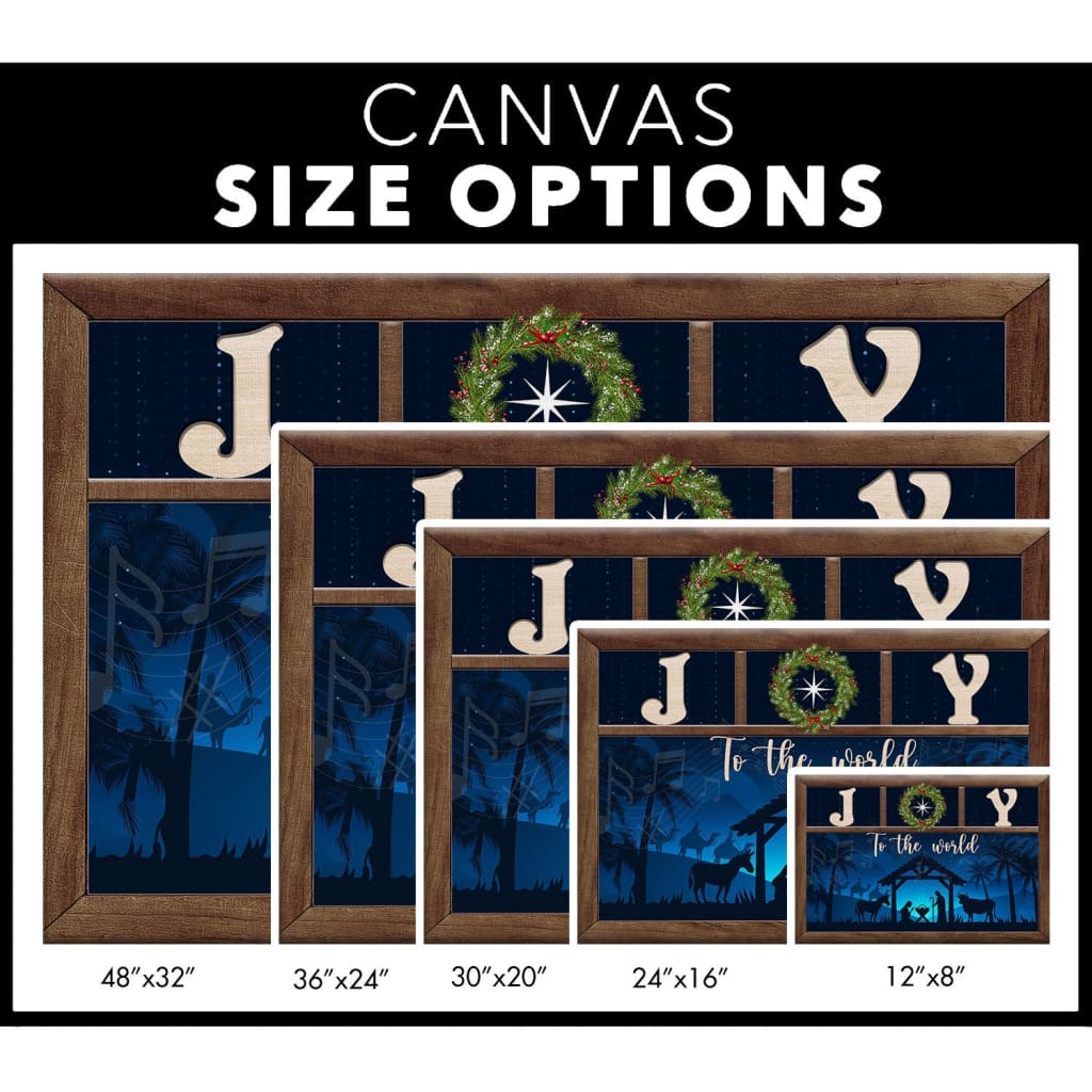 Inspirational canvas print with "Joy To The World" and a Nativity scene, ideal Christian Christmas gift and wall art for homes.