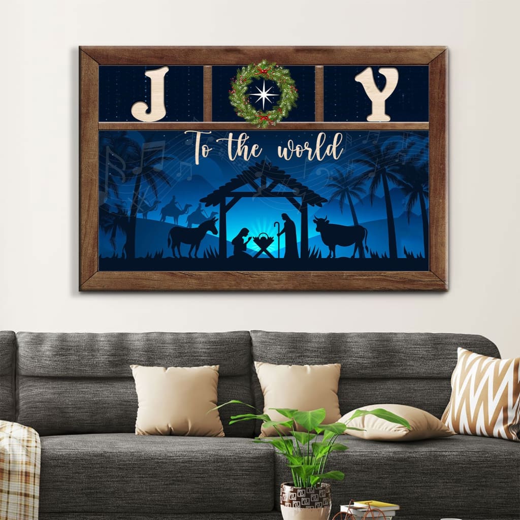 Christian Christmas canvas print featuring a Nativity scene and "Joy To The World," ideal inspirational holiday wall art and gift.