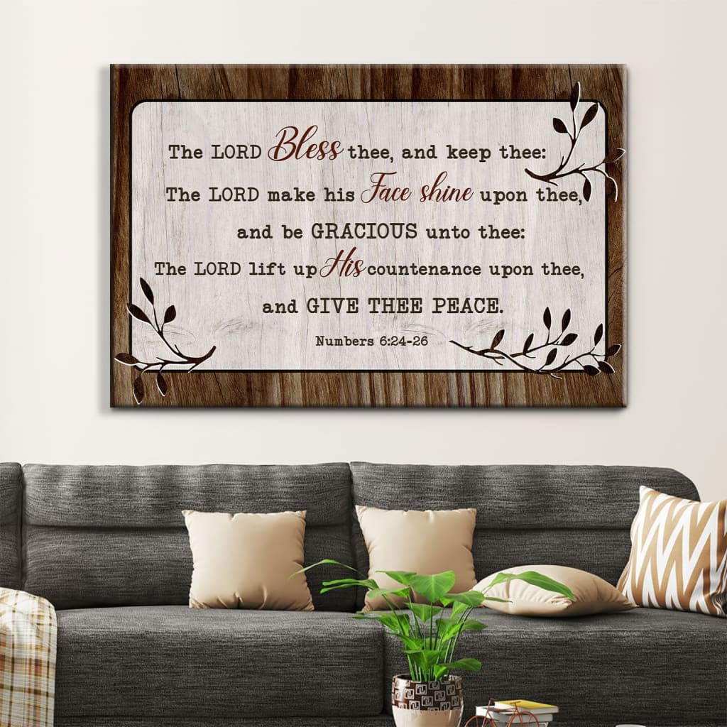 Inspirational Bible verse canvas: "The Lord Bless Thee and Keep Thee" Numbers 6:24-26, rustic wooden border, Christian wall decor.