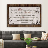 Inspirational Bible verse canvas: "The Lord Bless Thee and Keep Thee" Numbers 6:24-26, rustic wooden border, Christian wall decor.