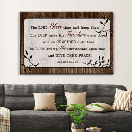 Inspirational Bible verse canvas: "The Lord Bless Thee and Keep Thee" Numbers 6:24-26, rustic wooden border, Christian wall decor.