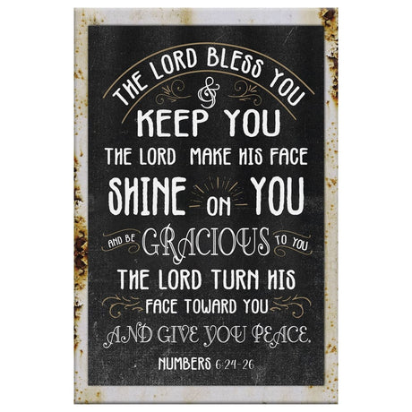 Faith-based wall art: Numbers 6:24-26, "The Lord Bless You And Keep You," black background with rustic farmhouse charm.