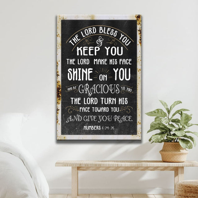 Christian wall art: Numbers 6:24-26 "The Lord Bless You And Keep You," rustic farmhouse style with a black background.