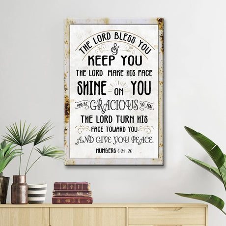 Bible verse wall decor: Numbers 6:24-26, "The Lord Bless You And Keep You," Christian wall art canvas with a rustic design and white background.