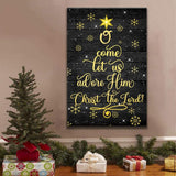 Christian Christmas wall art featuring "O Come Let Us Adore Him, Christ The Lord" with a decorated Christmas tree, perfect faith-based holiday decor.