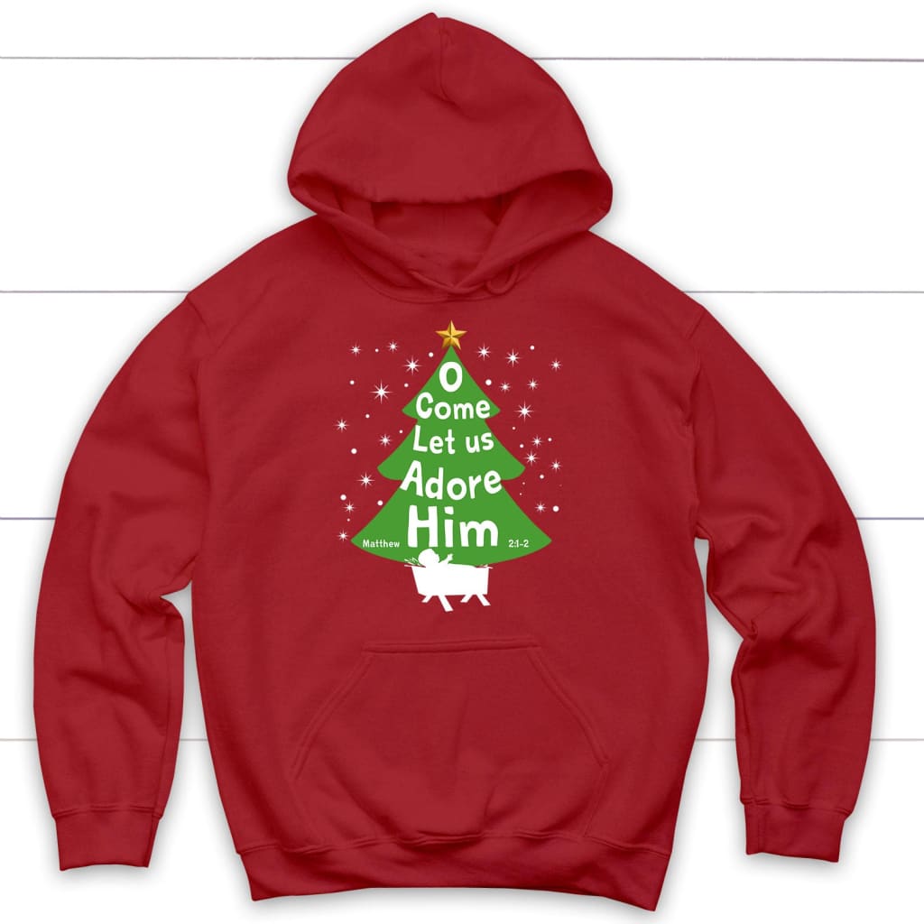O come let us adore Him Christmas tree hoodie Red / S