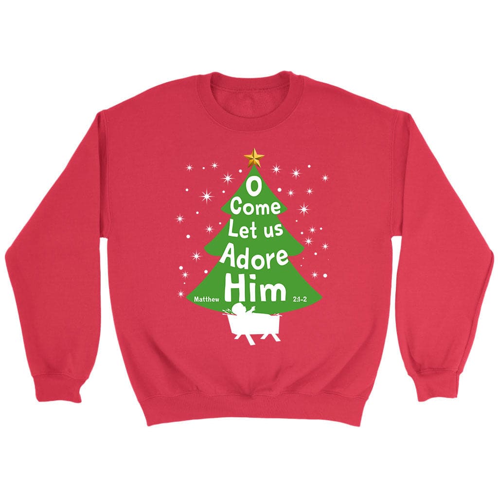 O come let us adore Him Christmas tree sweatshirt Red / S