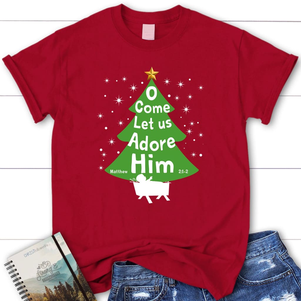 O come let us adore Him Christmas tree women’s t-shirt Red / S
